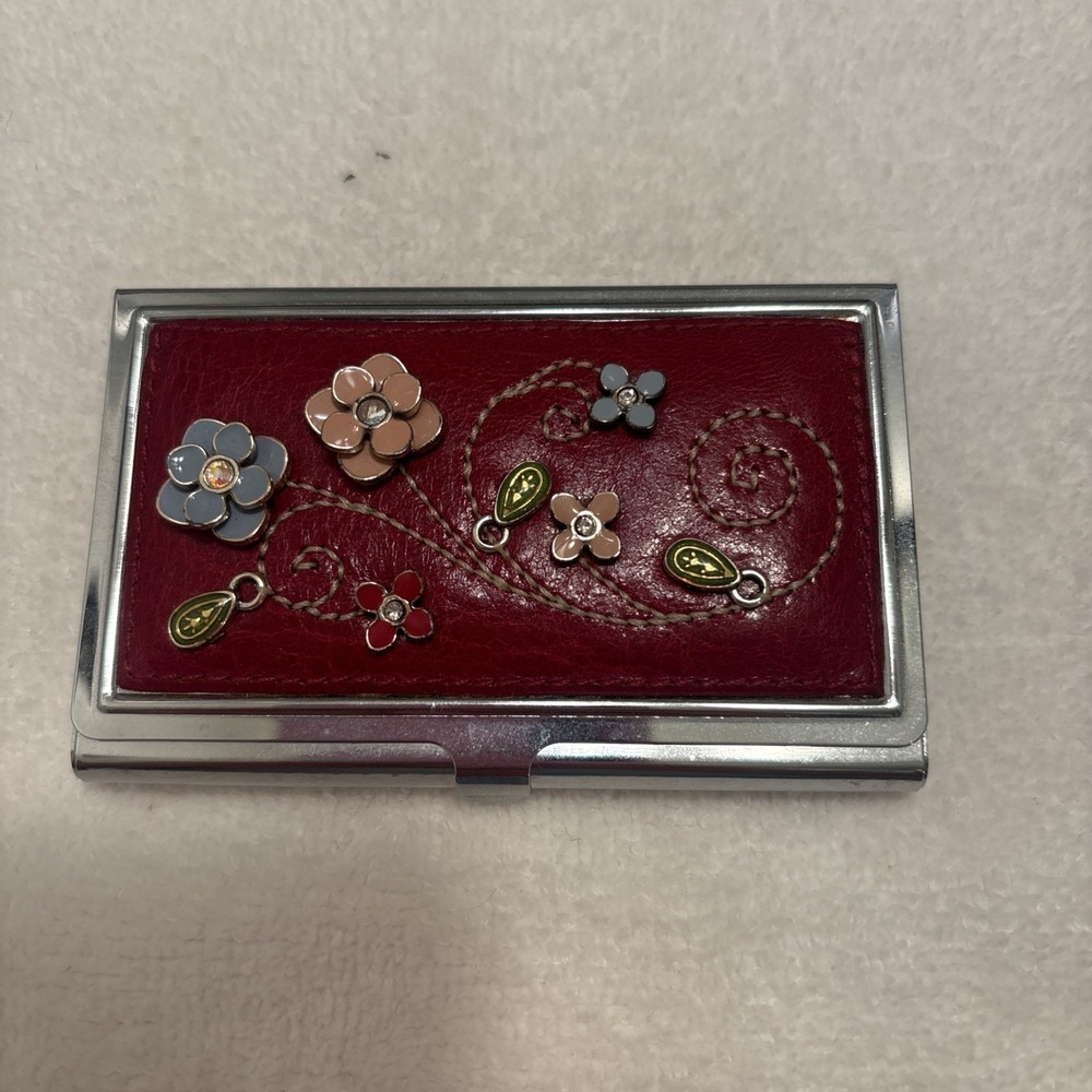 Brighton Leather Enameled  Flower Burgundy Card Holder Case